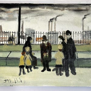 May include: An oil painting depicts a group of people in dark coats and hats, some with children, standing on a sidewalk. The background features industrial buildings and a fence under a cloudy sky. The painting has a muted color palette.
