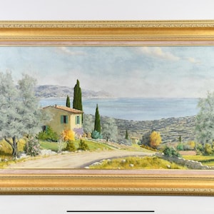 ジャン・ピエール・ヴィニャによる地中海風景油絵 | 額入りヴィンテージオリジナルアートワーク | フランス・リビエラの海辺のコテージ風景