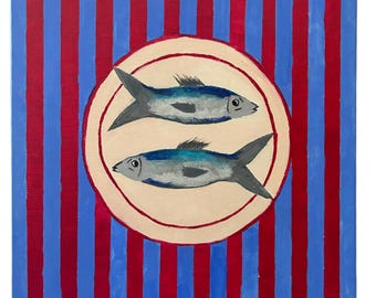 Original Fish Painting: Mediterranean Kitchen Decor, 24x20 Canvas