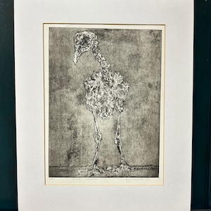 Op de afbeelding: Een zwart-wit ets van een vogelskelet, getiteld "Flock - Skeleton" door de kunstenaar "J. Newman 91".