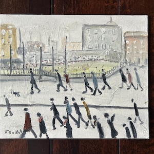 May include: An oil painting depicting a city scene with numerous figures walking on a street. The artwork features a muted color palette with buildings and a park in the background. A small dog is also visible.