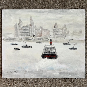 May include: Oil painting of a harbor scene with a large boat in the foreground. The boat has a red and black hull and a tall mast. Other boats and buildings are in the background, all in shades of gray and white.