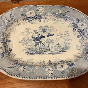 Antique Elkin & Newbon Blue and White Pearlware Botanical Beauties Large Meat Platter.  38cms