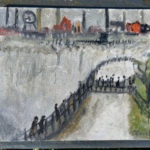 May include: An oil painting depicting a bridge with figures, leading to a cityscape with red buildings and smokestacks. The artwork uses a muted color palette of gray, white, and touches of red and green, creating a vintage aesthetic.