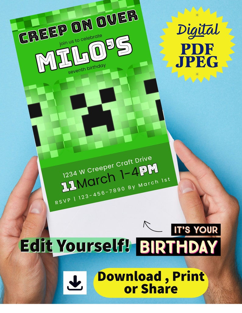Minecraft Birthday Invitation Digital Download Etsy
