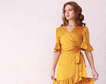 MANY COLORS Satin bridesmaid wrap mini dress yellow amber mustard, mother of bride wedding guest dress, 1920s 1960s bridesmaid dress