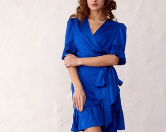 Blue Silk Satin Mini Dress with a Flattering Wrap Design