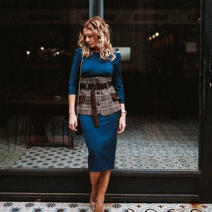 Business conference dress with peplum in blue natural Italian wool, 100% Italian premium quality wool