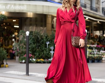 Bridesmaid Red Satin Wrap Dress, 90s Red Dress, 70s Wrap Dress Gift for Her