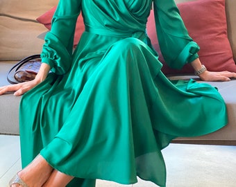 Satin Dress Long Dress Emerald Silk Dress Holiday Dress