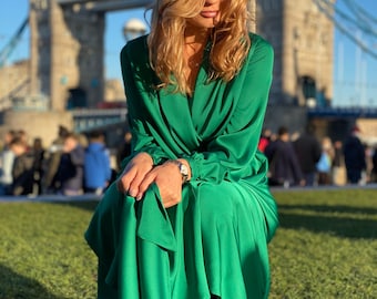 Emerald Green Silk Blend Wrap Dress - Maxi Length