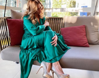 Women spring clothing  - wrap green satin dress, mother of the bride