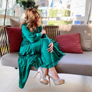Women spring clothing  - wrap green satin dress, mother of the bride