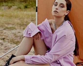Linen Two Piece Set in Lilac - Women&#39;s Shorts Suit - Linen Clothing
