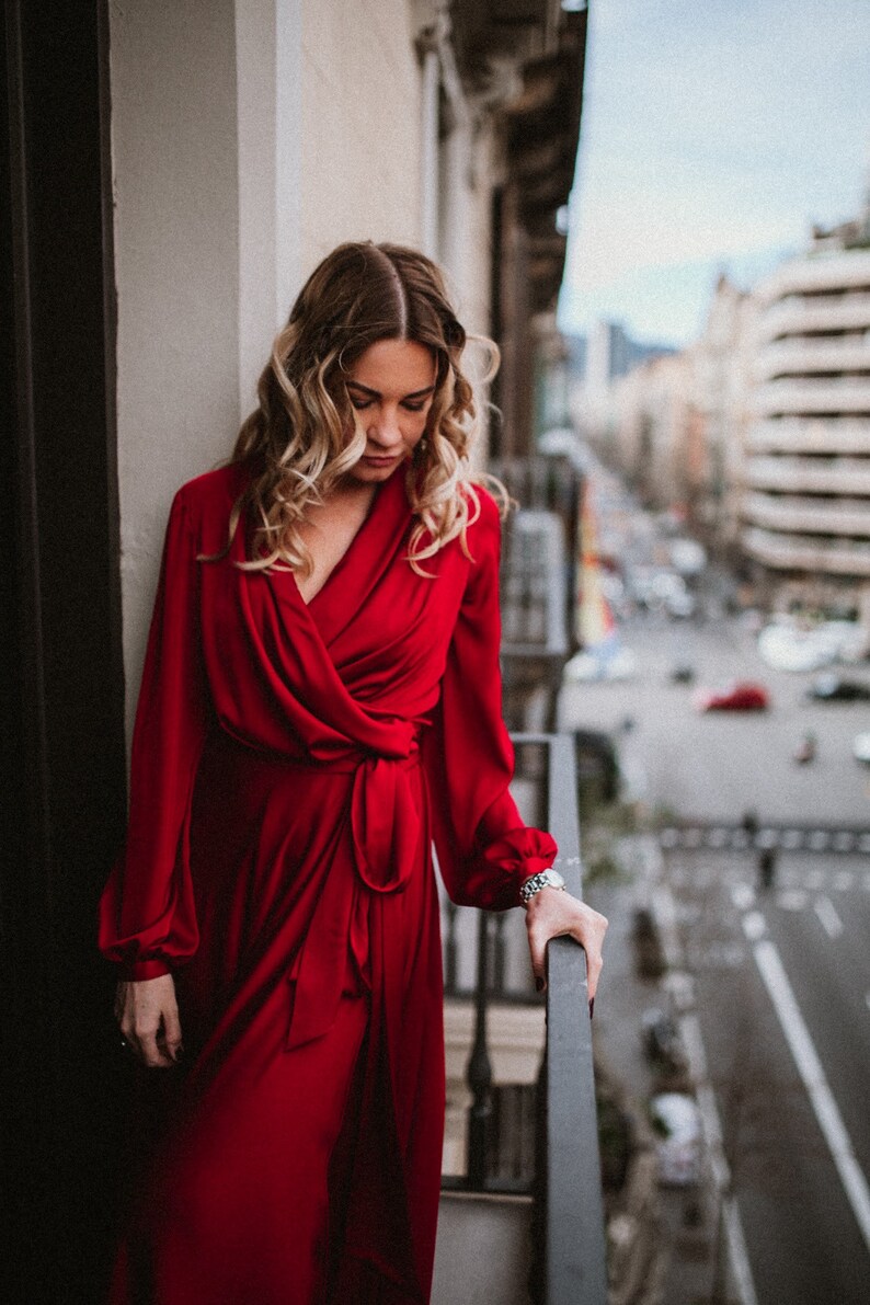 Mothers Day Gift Red Satin Wrap Dress 90s Red Dress 70s Wrap image 8