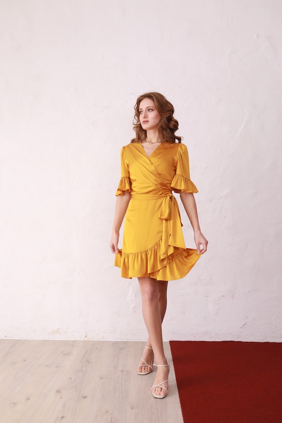 MANY COLORS Satin Bridesmaid Wrap Mini Dress Yellow Amber Mustard, Mother of Bride Wedding Guest Dress, 1920s 1960s Bridesmaid Dress