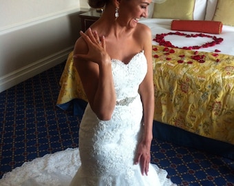 Lace Wedding Dress Vintage Pronovias Mermaid Wedding Dress - Elie Saab Crystal Belt - Veil Included