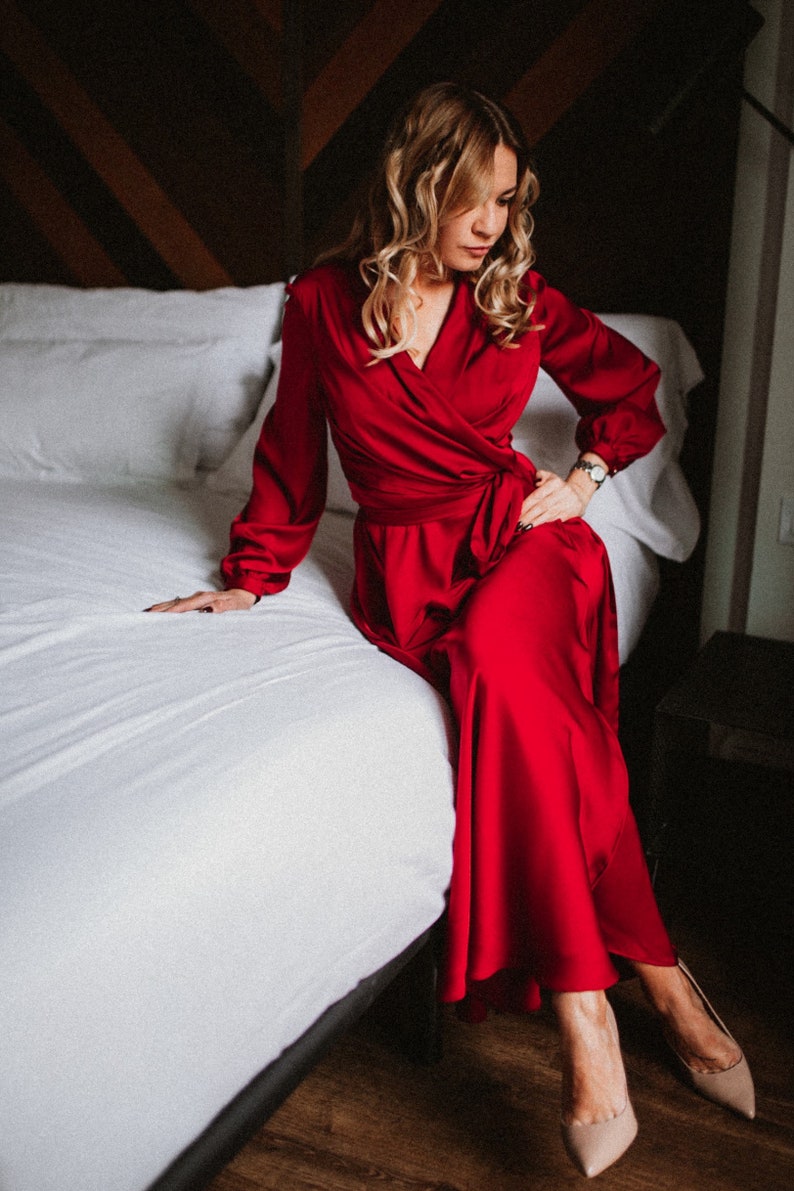 Mothers Day Gift Red Satin Wrap Dress 90s Red Dress 70s Wrap image 2