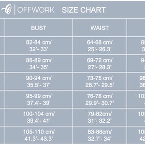 May include: Size chart for clothing with measurements in inches and centimeters. The chart shows sizes XS through XXL with corresponding bust, waist, and hip measurements.