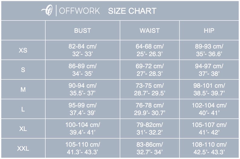 May include: Size chart for clothing with measurements in inches and centimeters. The chart shows sizes XS through XXL with corresponding bust, waist, and hip measurements.