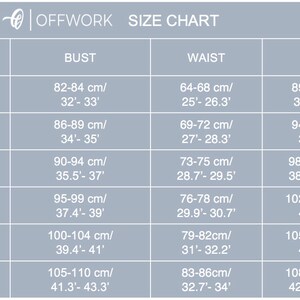 May include: Size chart for clothing with measurements in inches and centimetres. The chart shows sizes XS through XXL with corresponding bust, waist, and hip measurements.