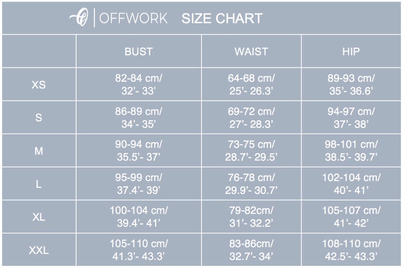 May include: Size chart for clothing with measurements in inches and centimetres. The chart shows sizes XS through XXL with corresponding bust, waist, and hip measurements.