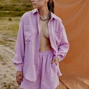 Pink linen shorts and shirt set Lilac linen suit two piece set image 4