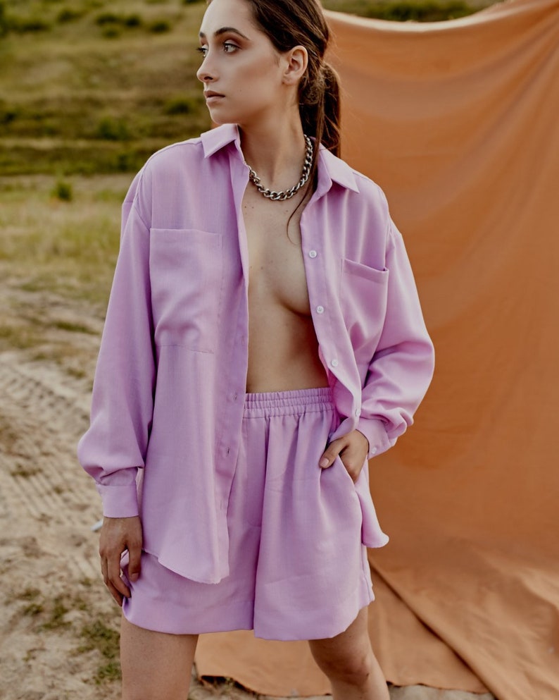 Pink linen shorts and shirt set Lilac linen suit two piece set image 4