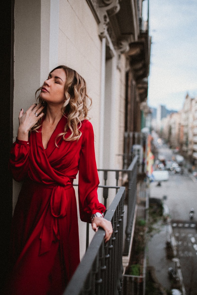 Mothers Day Gift Red Satin Wrap Dress 90s Red Dress 70s Wrap image 7