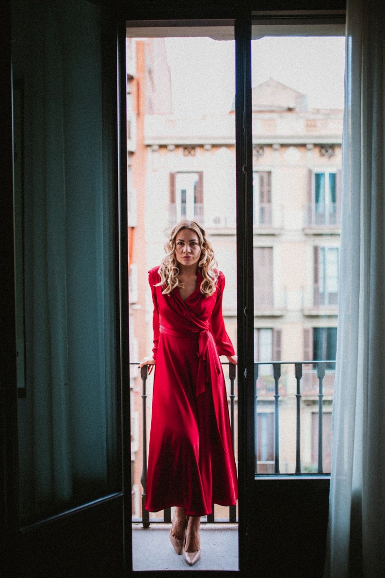 Mothers Day Gift Red Satin Wrap Dress 90s Red Dress 70s Wrap image 9