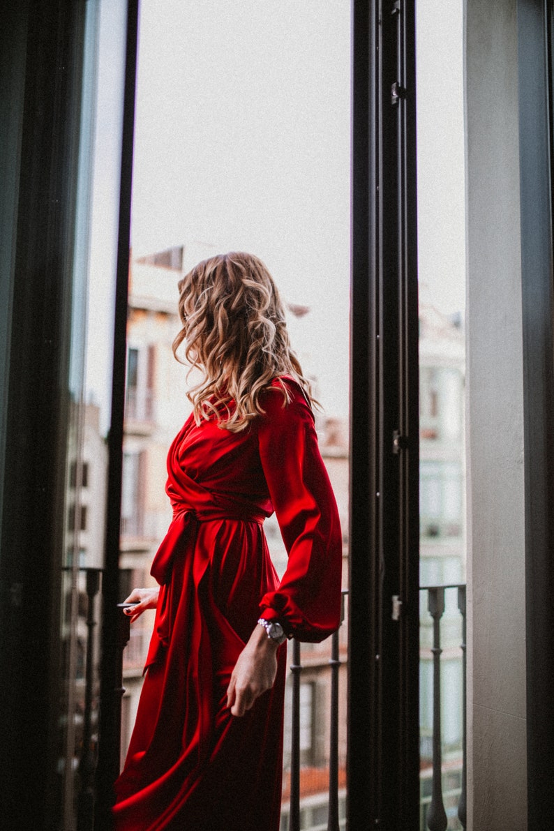 Mothers Day Gift Red Satin Wrap Dress 90s Red Dress 70s Wrap image 5