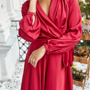 St. Valentine&#39;s Day Gift For Her Red Satin Wrap Dress, 90s Red Dress, 70s Wrap Bridesmaid Dress