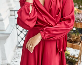 Christmas Gift For Her Red Satin Wrap Dress, 90s Red Dress, 70s Wrap Bridesmaid Dress