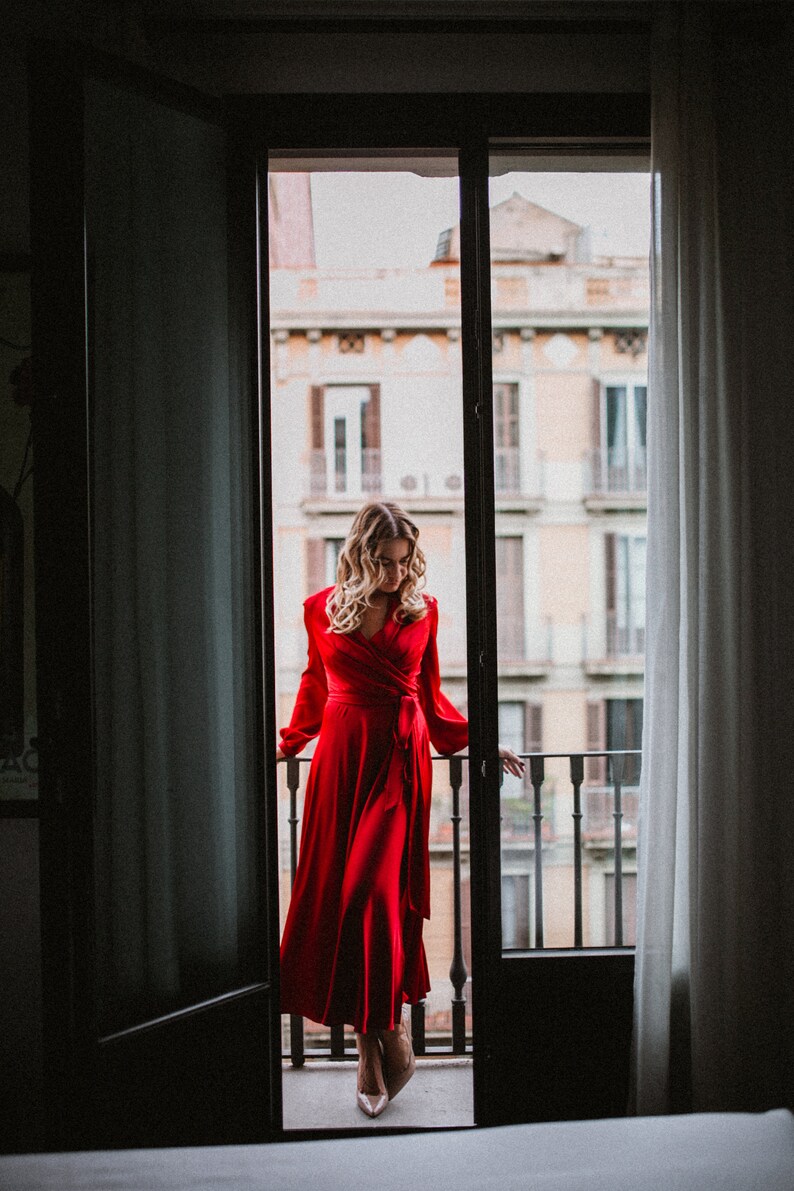 Mothers Day Gift Red Satin Wrap Dress 90s Red Dress 70s Wrap image 6