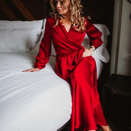 Mothers Day Gift Red Satin Wrap Dress, 90s Red Dress, 70s Wrap Bridesmaid Dress