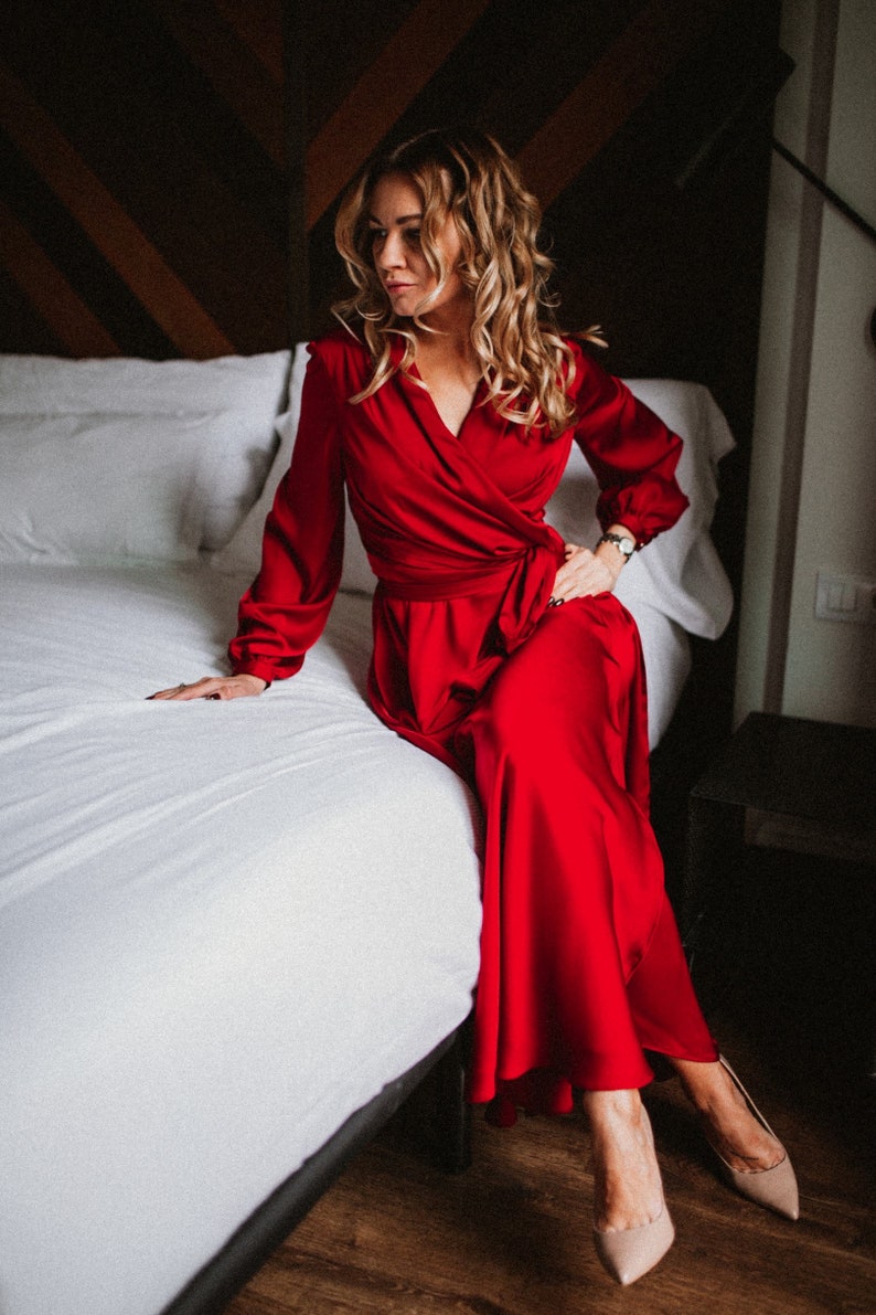 Mothers Day Gift Red Satin Wrap Dress 90s Red Dress 70s Wrap image 1