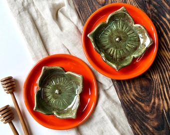 Persimmon Spoon Rest, Handmade Ceramic Set Orange & Green Plate, Fruit Decor
