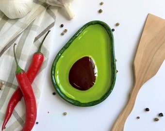 Avocado Small Plate, Unique Spoon Rest, Handmade Ceramic Spoon Holder, Cute Gift for Avocado Kitchen, Gift for Vegan, Gift for Avocado Lover