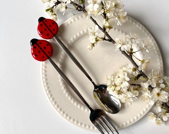 Ladybug Cutlery Set of Fork & Spoon with Ceramic Decor, Handmade Flatware, Serving Tableware Gift for Nature Lover, Cute Gift for Kitchen