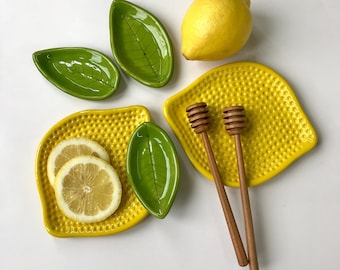 Lemon Plate & Leaf Dish, Handmade Ceramic Kitchen Ware, Spoon Rest Set, Multi Use Dish, Gift for Mom for Kitchen, Housewarming Gift