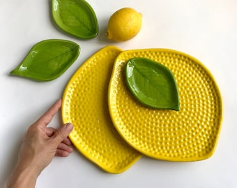 Serving Plates Set of Lemon with Leaf, Handmade Modern Ceramic Tableware, Colofrul Table Decor, Fruit Gift for Kitchen, Housewarming Gift