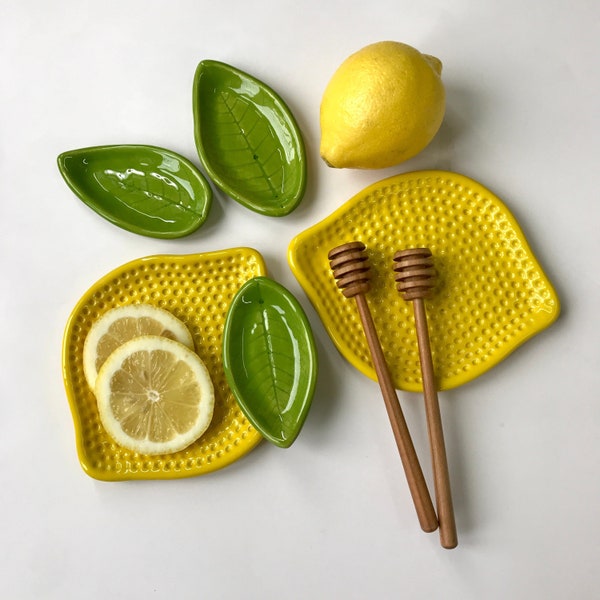 Lemon Plate & Leaf Dish, Handmade Ceramic Kitchen Ware, Spoon Rest Set, Multi Use Dish, Gift for Mom for Kitchen, Housewarming Gift