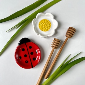 Ladybug & Daisy Ceramic Spoon Rest Set, Handmade Kitchen Gift
