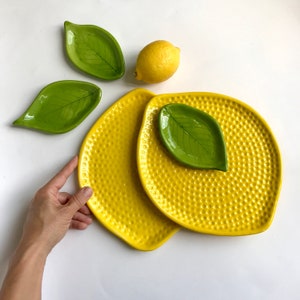 Lemon Ceramic Platter with Leaf Dish, Handmade Serving Platter Set, Unique Kitchen Ware, Citrus Fruit Gift for Kitchen, Housewarming Gift