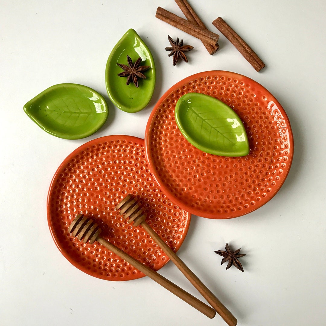 Tangerine Spoon Rest & Leaf Dish, Fruit Kitchenware, Ceramic Orange
