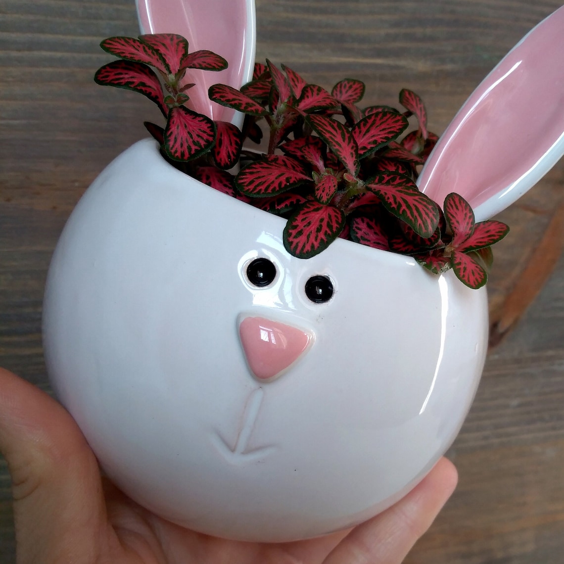 White rabbit ceramic plant holder. Handmade planter pot. Gift Etsy