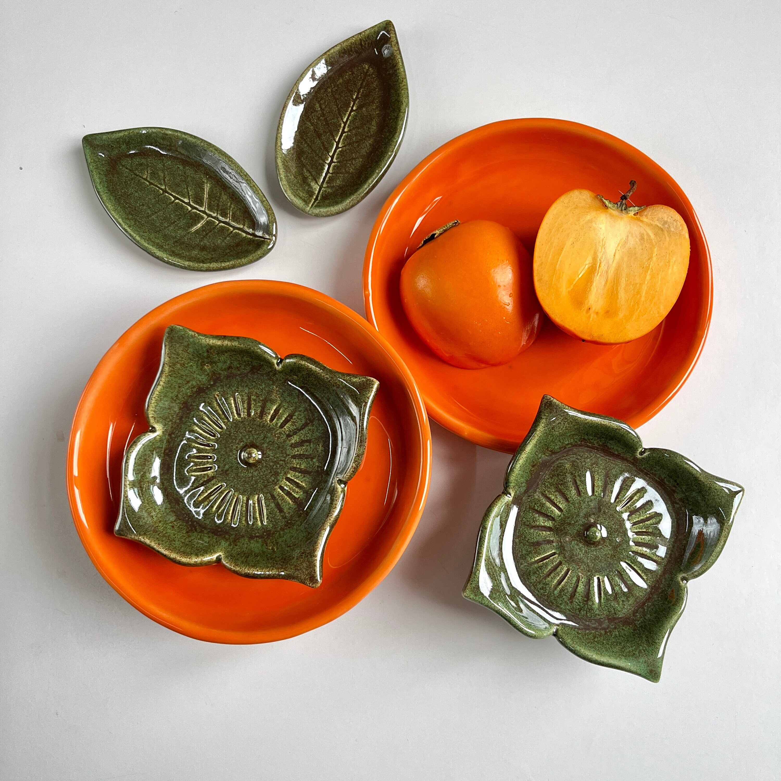 Persimmon Dish, Handmade Ceramic Dinnerware Set of Orange Dish & Green Plates, Kaki Fruit, Kitchenware Gift for Home, Housewarming Gifts