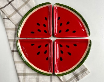 Red Watermelon Platter, Set of 4 Ceramic Serving Plate, Fruit Kitchen Decor, Home Gift for Watermelon Lover, Colorful Homeware Gift