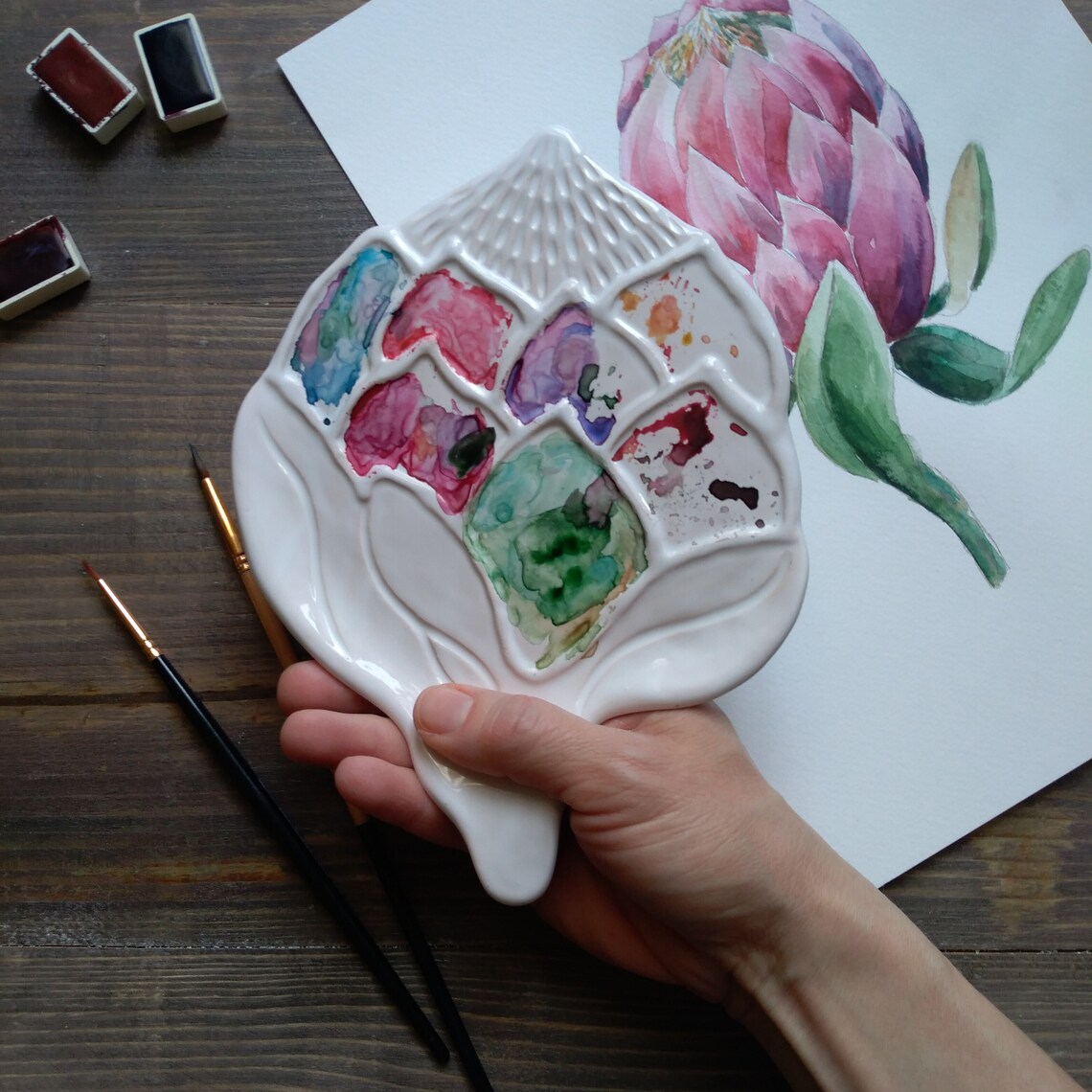 Watercolor Palette Protea. White Handmade Ceramic Palette. Etsy