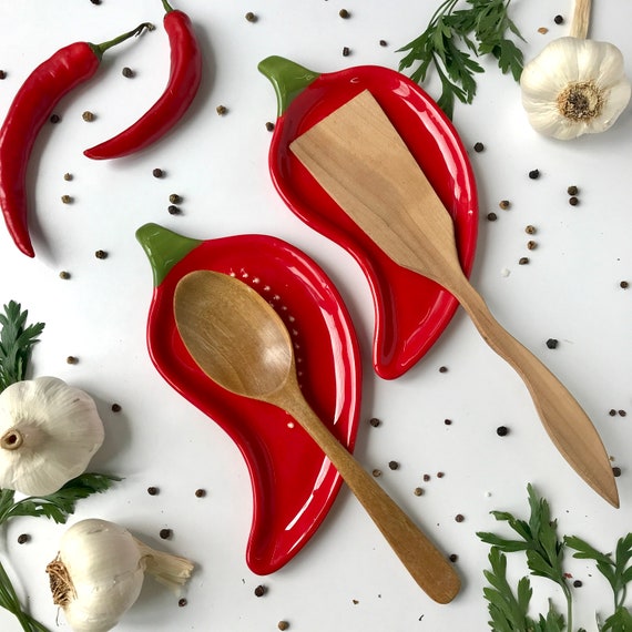 Red Pepper Spoon Rest, Ceramic Kitchen Utensil, Spoon Holder for Stove Top,  Gift for Cooking Lovers, Housewarming Gift, Bday Gifts for Men 